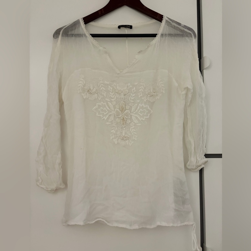 Massimo Dutti White Embroidered V-Neck Tunic